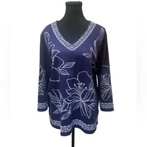 Alfred Dunner Navy and White Floral Tunic GUC L